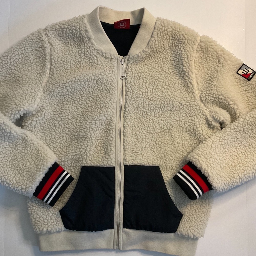 Superdry Sherpa Bomber Jacket Black /Cream /Red Sporty Streetwear Women's Sz 6‎